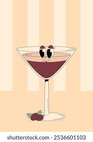 Groovy character Tini espresso martini with emotion. Retro summer poster with popular alcoholic cocktail and empty space. Vintage vector illustration 70s, 80s style