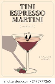Groovy character Tiny espresso martini. Retro summer poster with popular alcoholic cocktail. Vintage vector illustration in 70s, 80s style