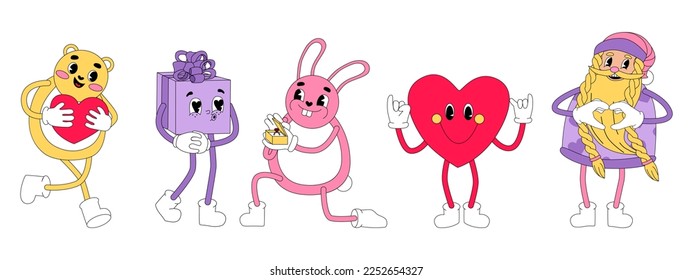 Groovy characters of 70s for Valentine's day. Cute bear with heart, marriage bunny and gift, romantic gnome. Vector retro illustration in hippy cartoon style