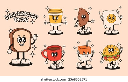 Groovy characters breakfast. Coffee, toast, scrambled eggs, juice, burger, croissant. Flat vector illustration.