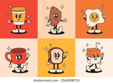 Groovy characters breakfast. Coffee, toast, scrambled eggs, juice, croissant. Flat vector illustration.