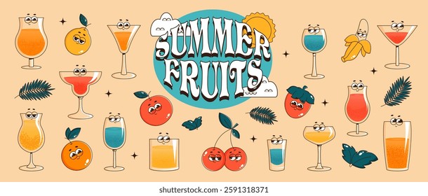 Groovy characters cocktail and fruits stickers, labels. Collections of logos and signs for cafes, lounges. Summer retro vector illustrations 70s, 80s style