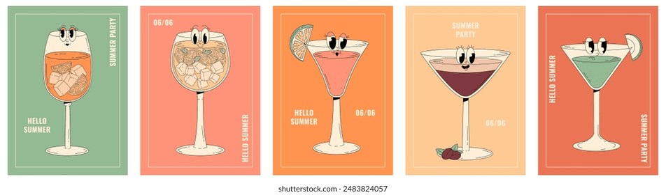 Groovy characters of cocktails and drinks. Retro poster set Hello summer and summer party. Cafe bar or cocktail lounge flyer collection. Vector illustration