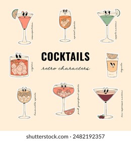 Groovy Charaktere von Cocktails und Getränken, Set von Retro-Aufklebern mit beliebten alkoholischen Getränken. Konzept für Café-Bar und Cocktail-Lounge. Retro Vektorillustrationen 70er, 80er Jahre Stil