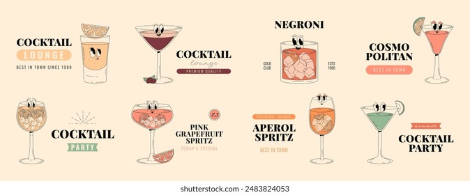 Groovy characters of cocktails and drinks, set of retro banners and labels with popular alcoholic beverages. Cafe bar or cocktail lounge logos and signs collections. Retro vector illustrations 70s,80s