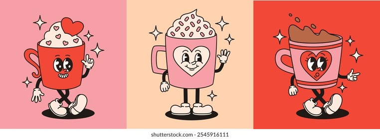 Chocolate caliente de los personajes Groovy. Ilustración vectorial plana.