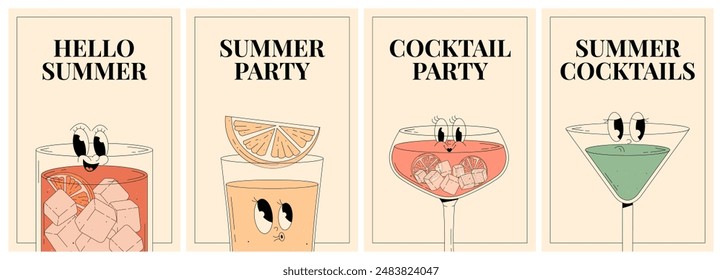 Groovy Charaktere von beliebten alkoholischen Getränken und Cocktails. Retro Poster Set Hallo Sommer, Sommerparty, Cocktailparty und Sommercocktails. Vektorillustration