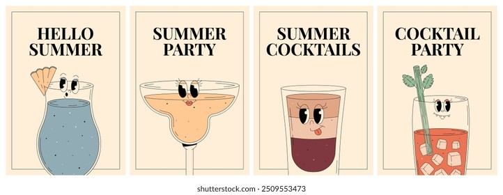 Caracteres groovy de bebida alcoólica popular e coquetéis. Cartaz retrô set Hello verão, festa de verão, coquetel e coquetéis de verão. Ilustração vetorial