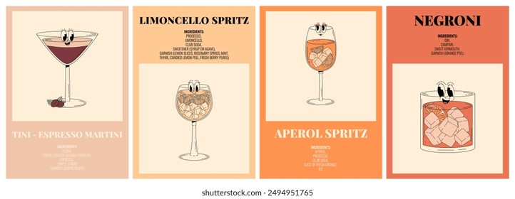 Groovy characters of popular alcoholic cocktails. Retro poster set with funky beverages and its ingredients. Vector illustration in 70s, 80s style
