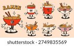 Groovy characters ramen noodles in retro style.