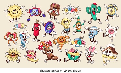 Groovy characters with surprise expressions on faces set vector illustration. Cartoon isolated retro typography stickers of Yes, Oops and Boom text, sun and flower, heart and TV characters collection