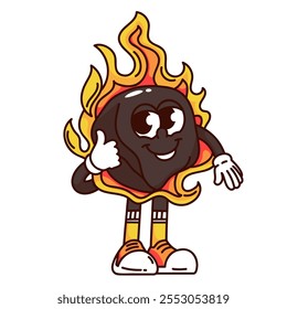 Groovy charcoal cartoon character with fire and thumbs up. Funny retro hot wood coal to grill barbecue food. BBQ party, picnic mascot, cartoon burning charcoal sticker of 70s 80s vector illustration