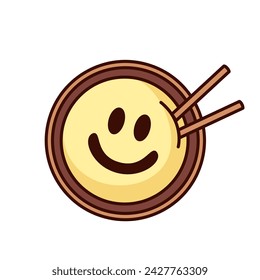 Groovy chawanmushi cartoon character with smile. Funny retro egg custard in cup with chopsticks, happy cartoon chawanmushi emoji and Japanese food mascot, sticker of 70s 80s style vector illustration