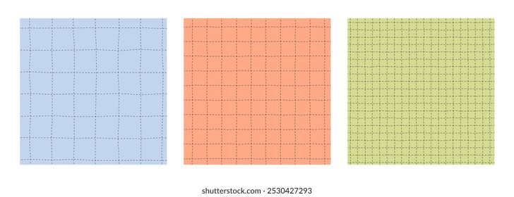 Groovy checker line background collection. Set of trendy paper sheet with doodle grid. Y2k style notebook texture