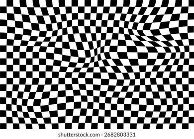 Groovy xadrez padrão sem emenda, ondulado abstrato xadrez retrovisor fundo. Trippy wave board geométrica.  Moderno moderno na moda. ondulado distorcido quadriculado padrão de vetor.