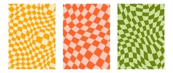 Groovy Checkerboard Background Set. Colorful Retro Wavy Checkered Pattern Collection. Vintage Psychedelic Distorted Gingham Wallpapers. Yellow, Red, Green Funky Twisted Cage Backdrop. Vector Pack