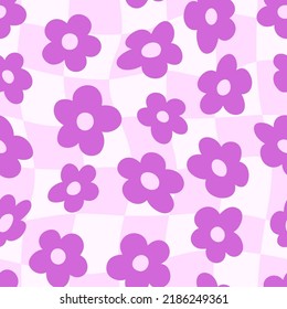 Groovy Checkerboard and Daisy Flowers Seamless Pattern. Floral Vector Background in 70s Hippie Retro Style for Print on Textile, Wrapping Paper, Web Design and Social Media. Pink and Lilac Colors.