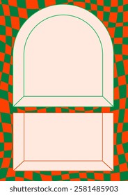 Groovy checkerboard pattern with arch frame. Abstract psychedelic checkered Retro background. Trendy vector frame in abstract y2k style. Vector graphic for posters and art prints