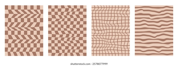 Groovy checkerboard pattern set. Psychedelic checker background pack. Trippy y2k retro vertical textures. Funky abstract poster design templates. Vector playful flat geometric wavy grid illustration.