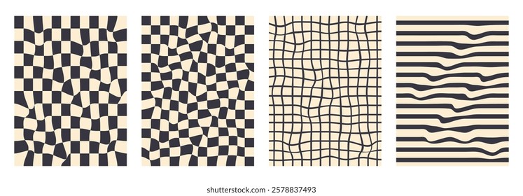 Groovy checkerboard pattern set. Psychedelic checker background pack. Trippy y2k retro vertical textures. Funky abstract poster design templates. Vector playful flat geometric wavy grid illustration.