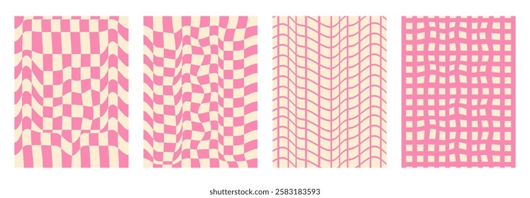Groovy checkerboard pattern set. Psychedelic pink checker background pack. Trippy y2k retro vertical textures. Funky abstract poster design templates. Vector playful flat geometric grid illustration.