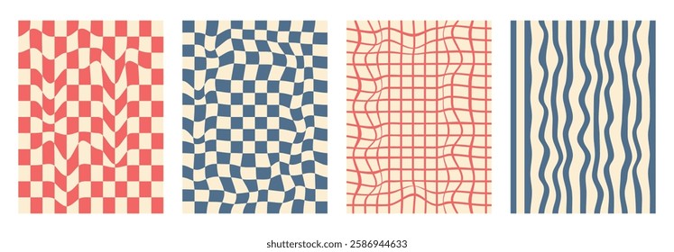 Groovy checkerboard pattern set. Psychedelic checker background pack. Trippy y2k retro vertical textures. Funky abstract poster design templates. Vector playful flat geometric wavy grid illustration.
