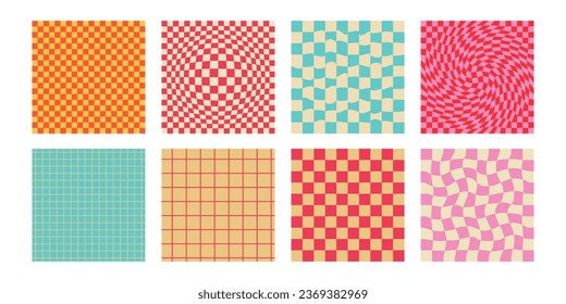 Groovy checkerboard, psychedelic seamless pattern in y2k style. Retro distorted chessboard, geometric vintage aesthetic poster, Hippie trippy background.