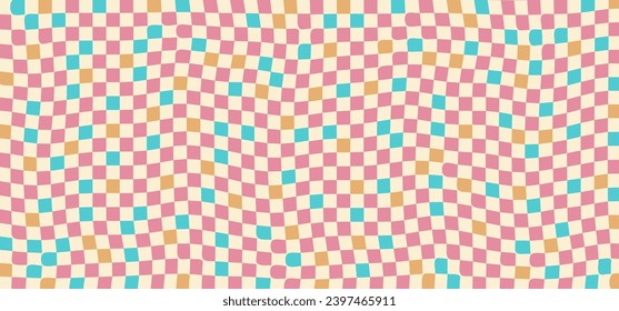 Groovy checkerboard, retro psychedelic background, funky wavy pattern, y2k print. Abstract vintage checkered wallpaper. Geometric vector illustration