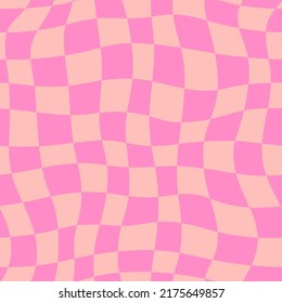 Groovy Checkerboard Seamless Pattern. Psychedelic Abstract Background in 1970s Retro Style for Print on Textile Wrapping Paper, Web Design and Social Media. Pink Color.