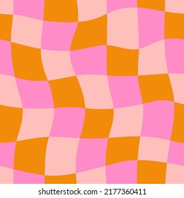 Groovy Checkerboard Seamless Pattern. Psychedelic Abstract Background in 1970s Retro Style for Print on Textile Wrapping Paper, Web Design and Social Media. Pink and Orange Color