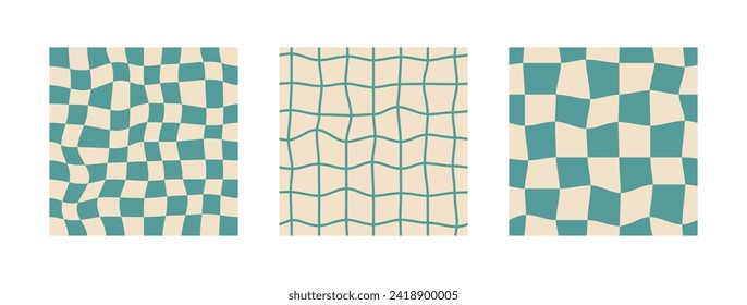 Groovy checkerboard seamless pattern set. Distorted retro background 70s style.