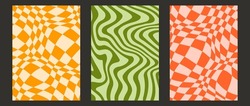 Groovy Checkerboard And Wave Lines Background Set. Colorful Retro Waves And Checkered Pattern Collection. Vintage Psychedelic Distorted Wallpapers. Yellow Red Green Funky Twisted Backdrop. Vector Pack