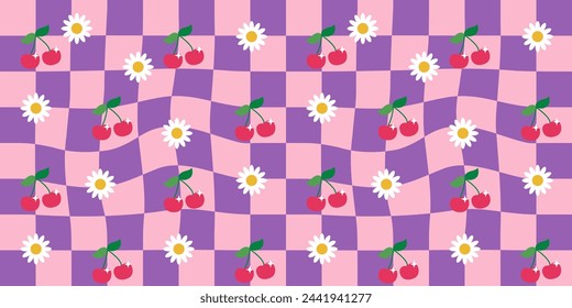 Groovy checkered background with 2000s cherry and daisy design elements. Seamless pattern in retro style. Y2k print illustration for textile, wrapping paper, fabric, wallpaper, cover. Vector