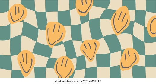 Groovy checkered background with psychedelic smile. Retro 70s - 60s Hippie Aesthetic wallpaper with Trippy distortion Grid. Vector modern Seventies Style illustration