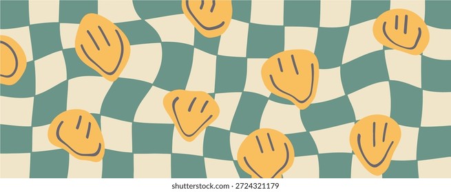 Groovy fondo a cuadros con sonrisa psicodélica. Fondo de pantalla estético Hippie retro de los años 70 - 60 con rejilla de distorsión Trippy. Ilustración de estilo de los años setenta moderno Vector
