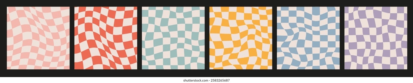 Groovy Checkered Background. Retro Twisted Square templates collection. Waves Trippy Grid. Trendy Hippie aesthetic psychedelic 1970s style 