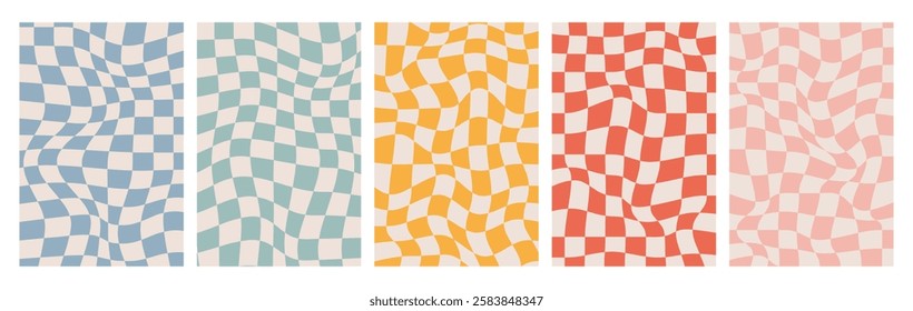 Groovy Checkered Background set. Isolated Retro Twisted Template. Waves Trippy Grid. Trendy print 1970s. Hippie aesthetic psychedelic style 