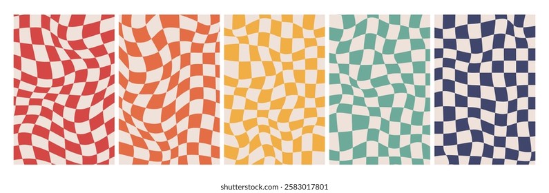 Groovy Checkered Background set. Retro Twisted Templates. Waves Trippy Grid. Trendy Hippie aesthetic psychedelic 1970s style