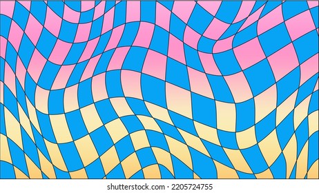 Groovy, schachbreit gefächerter bunter Hintergrund mit verzerrten Quadraten. Abstraktes Vektormuster. Retro psychedelisches Schachbrettposter. Schachmuster. 60er 70er Jahre Hippie-Stil funky vibe.