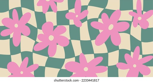 Groovy a cuadros de Daisy Flowers fondo. Papel hippie estético retro de 70 a 60 con Cuadrícula de distorsión Trippy. Ilustración de estilo vectorial moderno Seventis