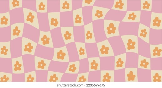 Groovy checkered Daisy Flowers background. Retro 70s - 60s Hippie Aesthetic wallpaper with Trippy distortion Grid. Vector modern Seventies Style illustration