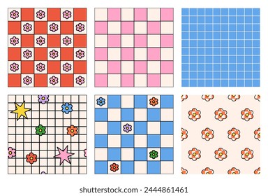 Groovy checkered pattern collection with flowers in rainbow colors. Groovy checkered seamless patterns with vintage aesthetic backgrounds, and psychedelic checkerboard texture. Y2k.