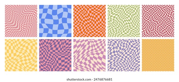 Groovy checkered pattern, colorful distorted tiled grid. Vintage wavy curved backdrop, distortion effect. Funky geometric chessboard texture, retro background in 90s style, y2k. Vector illustration