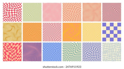 Groovy checkered pattern, colorful distorted tiled grid. Vintage wavy curved backdrop, distortion effect. Funky geometric chessboard texture, retro background in 90s style, y2k. Vector illustration