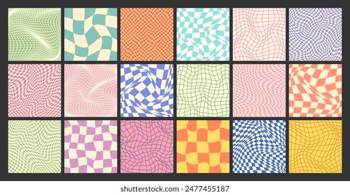 Groovy checkered pattern, colorful distorted tiled grid. Vintage wavy curved backdrop, distortion effect. Funky geometric chessboard texture, retro background in 90s style, y2k. Vector illustration