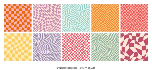 Groovy checkered pattern, colorful distorted tiled grid. Vintage wavy curved backdrop, distortion effect. Funky geometric chessboard texture, retro background in 90s style, y2k. Vector illustration
