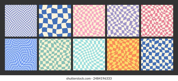 Groovy checkered pattern, colorful distorted tiled grid. Vintage wavy curved backdrop, distortion effect. Funky geometric chessboard texture, retro background in 90s style, y2k. Vector illustration