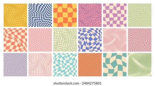 Groovy patrón a cuadros, colorida cuadrícula de azulejos distorsionada. Fondo curvo ondulado de Antiguas, efecto de distorsión. Funky textura geométrica de tablero de ajedrez, fondo retro en estilo de los años 90, y2k. Ilustración vectorial