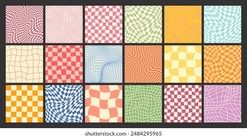 Groovy patrón a cuadros, colorida cuadrícula de azulejos distorsionada. Fondo curvo ondulado de Antiguas, efecto de distorsión. Funky textura geométrica de tablero de ajedrez, fondo retro en estilo de los años 90, y2k. Ilustración vectorial