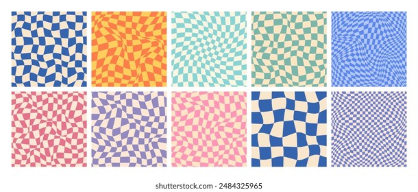 Groovy checkered pattern, colorful distorted tiled grid. Vintage wavy curved backdrop, distortion effect. Funky geometric chessboard texture, retro background in 90s style, y2k. Vector illustration